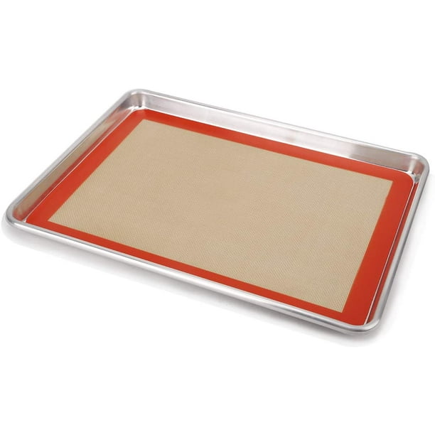 Non Stick Silicone Liner for Bake Pans & Rolling Set of 2 Half Sheet 11 5/8 x 16 1/2 Silicone Baking Mat 1 Scraper Macaron/Pastry/Cookie/Bun/Bread Making 1 Oil brush